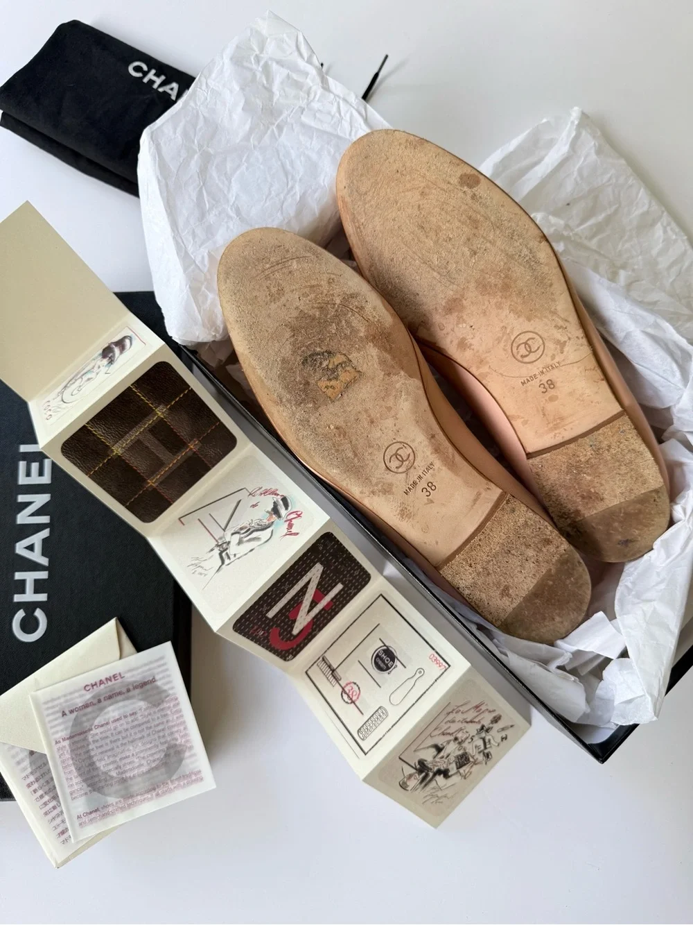 CHANEL Light Pink Leather Ballet Flats Patent CC Logo Cap Toe Size 38